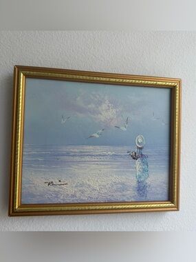Vintage seaside Serenity Blue Coastal Print on Canvas Framed Signed 11”x9